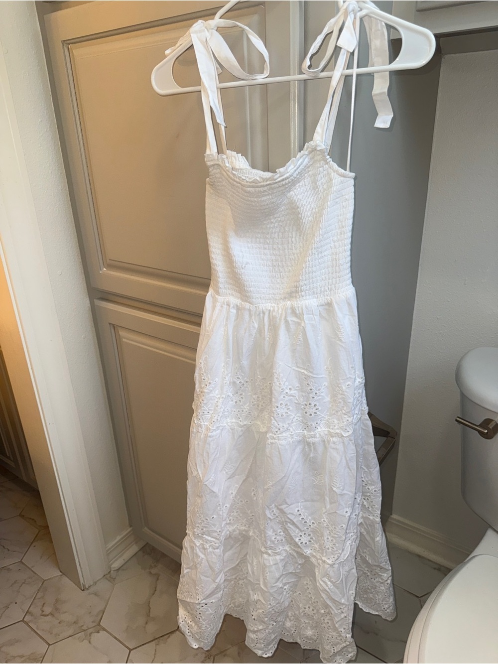 Girls White Smocked Bodice Eyelet Maxi Dress with Tie Straps